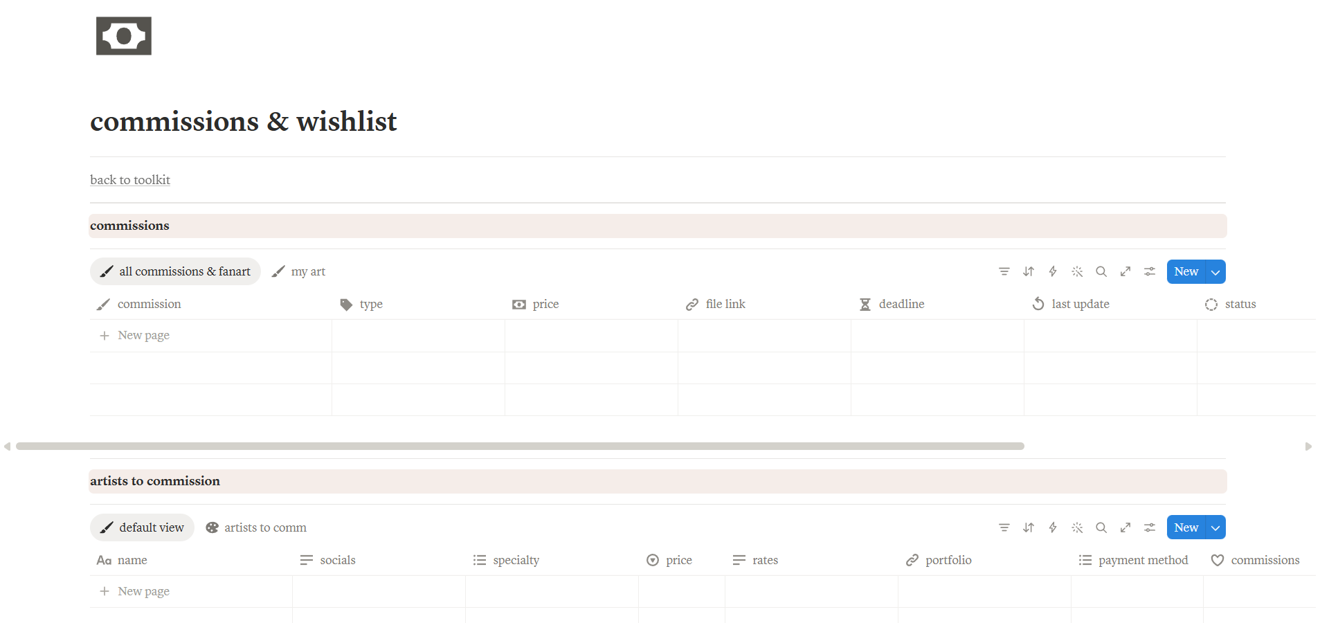 Commissions & Wishlist page in Notion