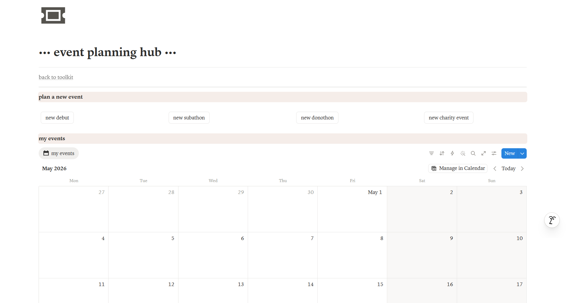 Event Planning Hub page in Notion